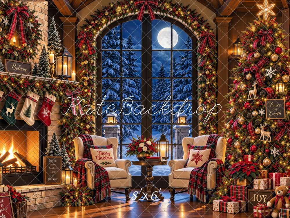 Kate Christmas Cozy Fireplace Christmas Tree Window Moonlit Printed Backdrop Designed by Shutter Swan Studios