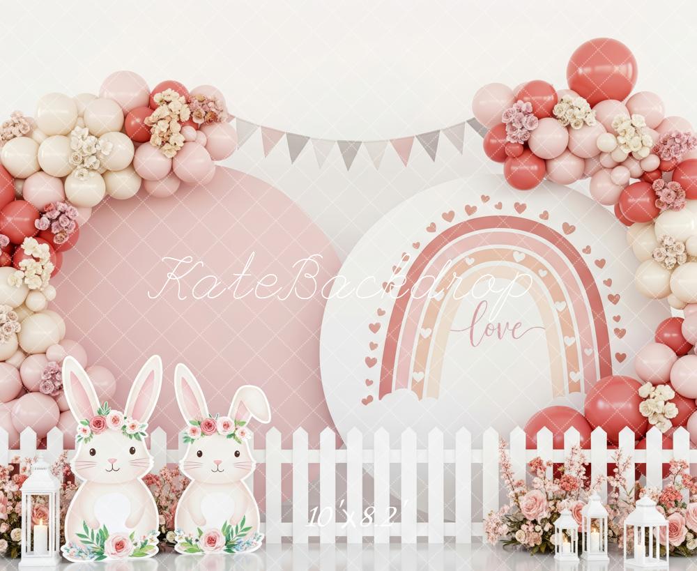 Kate Easter Bunny Pink Balloon Arch Floral Rainbow Backdrop Designed by Patty Roberts