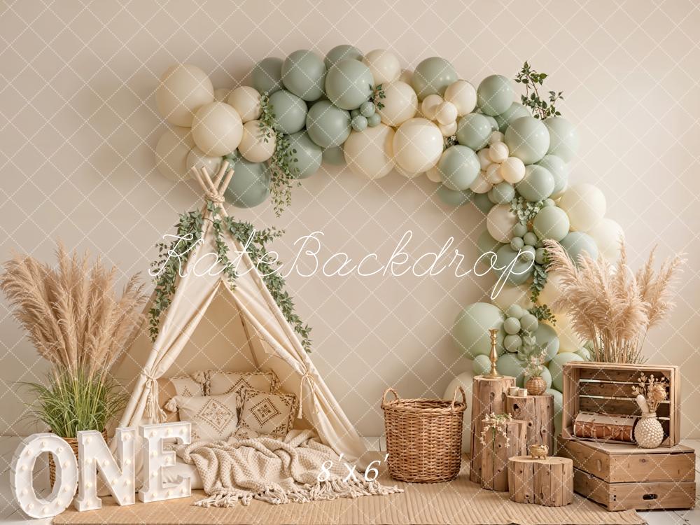 Kate Cake Smash Boho Balloon Arch Teepee Pampas Grass ONE Crates Printed Backdrop Designed by Emetselch