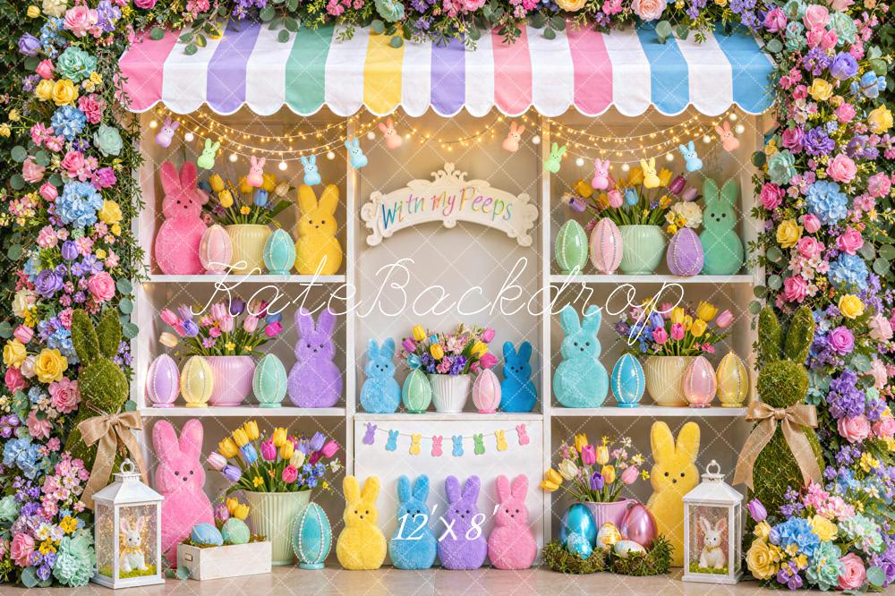 Kate Easter Flower Pastel Bunny Shop Eggs Colorful Printed Backdrop Designed by Mini MakeBelieve