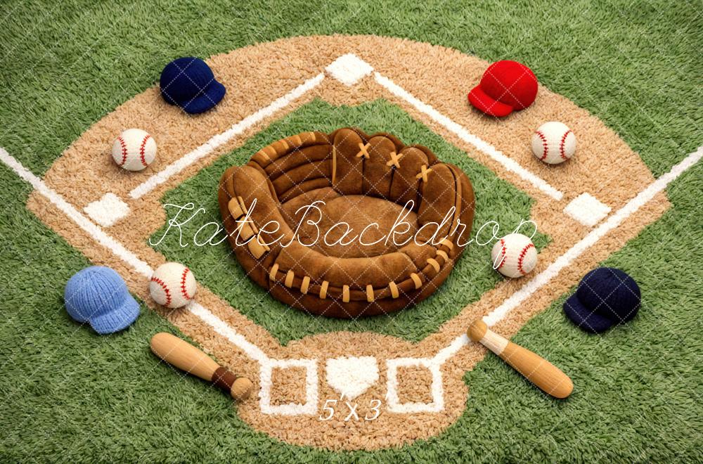 Kate Newborn Baseball Field Glove Bat Ball Cap Printed Backdrop Designed by Mini MakeBelieve