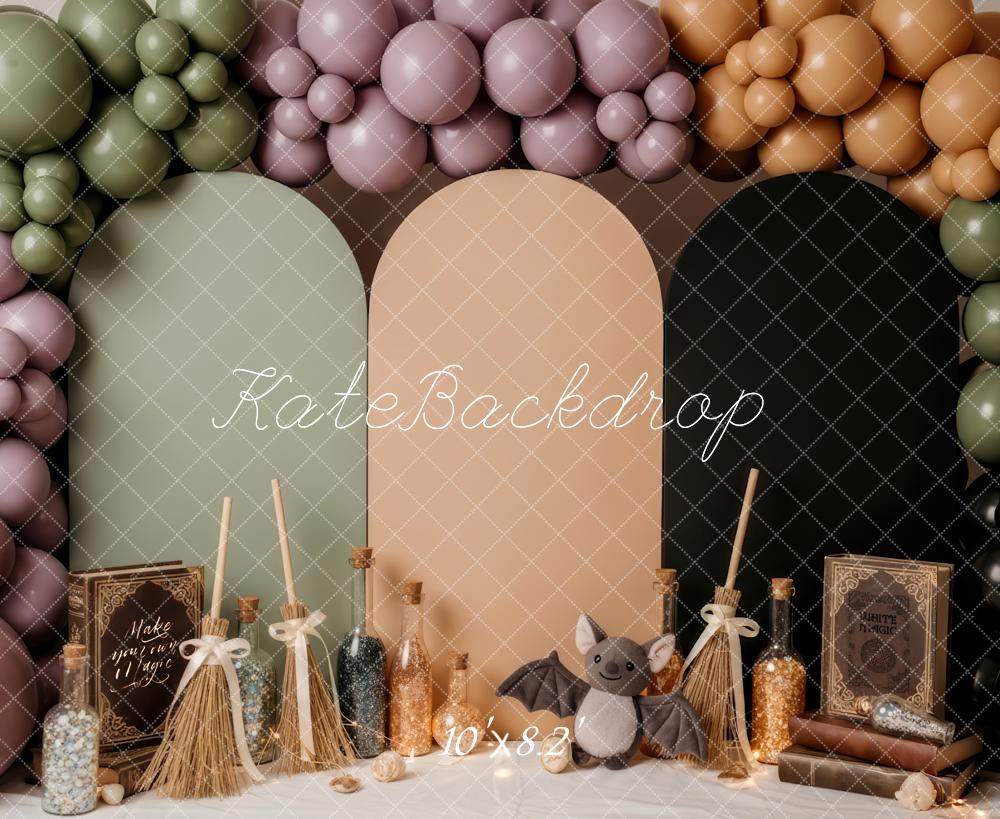 Kate Halloween Cake Smash Balloon Arch Witch Broom Bat Backdrop Designed by Patty Roberts