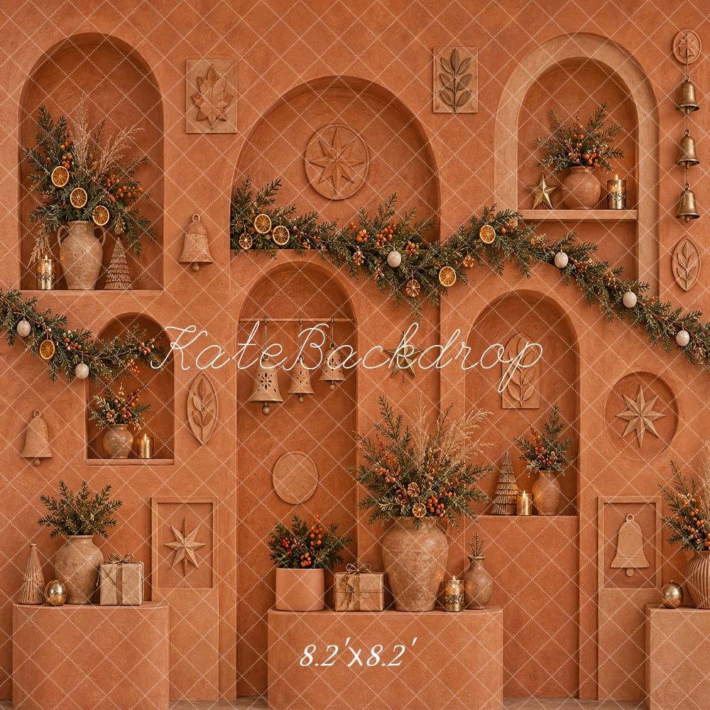 Kate Christmas Terracotta Arches Garland Botanicals Bells Printed Backdrop Designed by Vertigo Productions