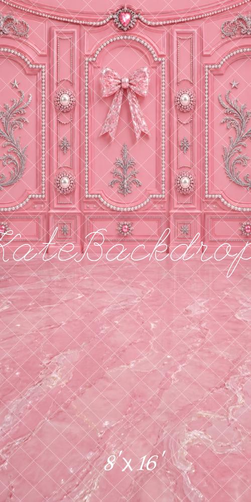 Kate Sweep Pink Ornate Bow Wall Marble Printed Backdrop Designed by Vertigo Productions