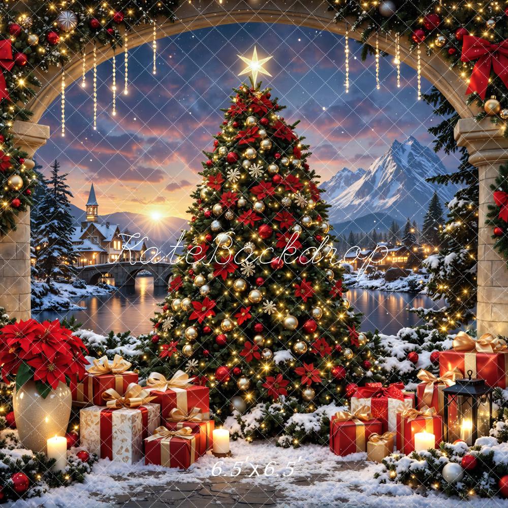 Kate Christmas Tree Nutcracker Presents Archway Snowy Village Printed Backdrop Designed by Mini MakeBelieve
