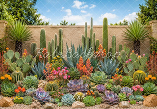 Kate Outdoor Cactus Succulent Garden Stone Wall Printed Backdrop Designed by Megan Leigh Photography