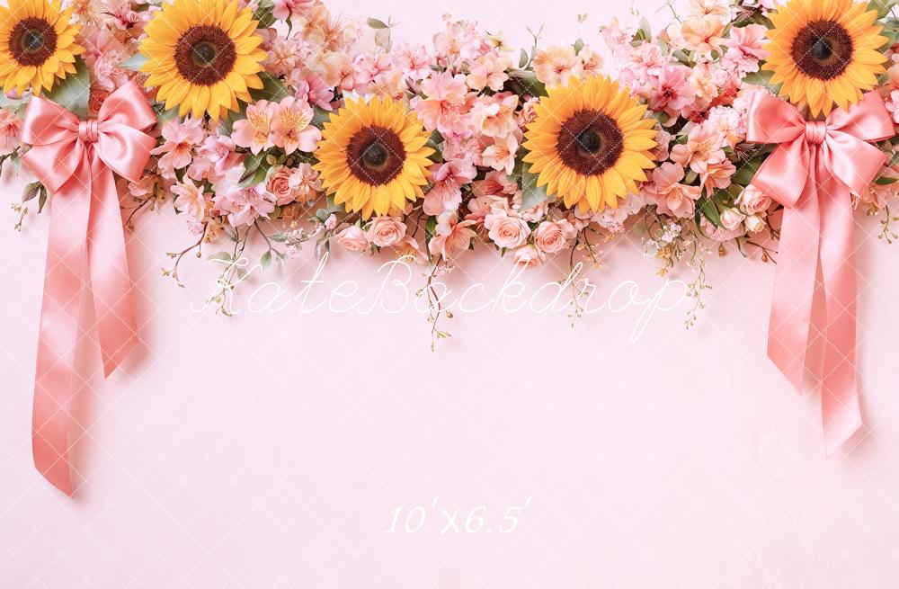 Kate Fall Flower Arch Sunflowers Pink Bows Ribbon Printed Backdrop Designed by Angela Miller