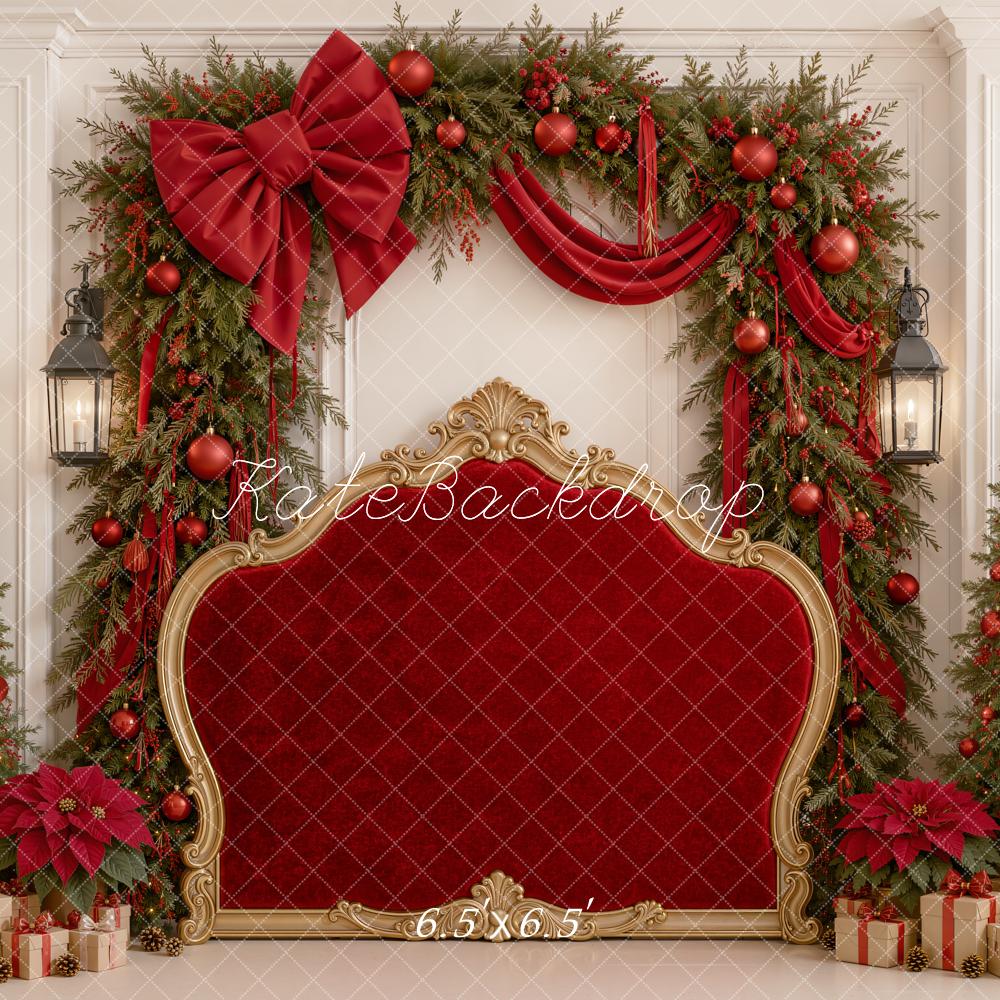 Kate Christmas Headboard Red Velvet Bow Garland Trees Printed Backdrop Designed by Emetselch
