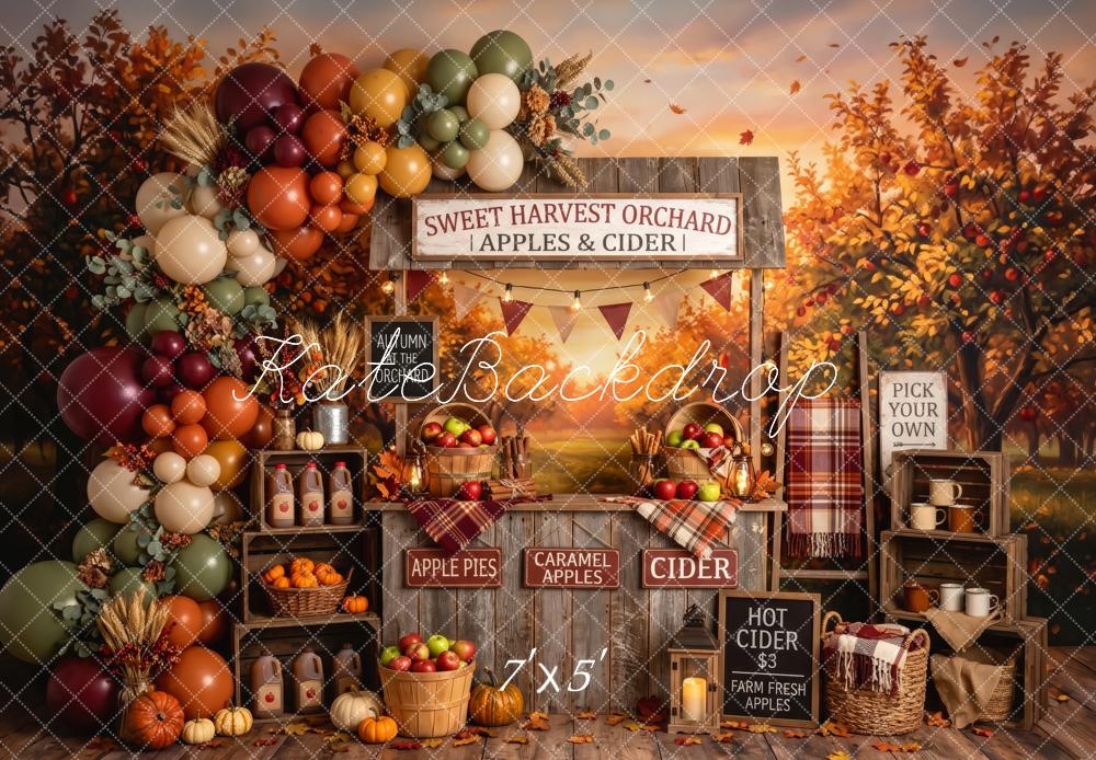 Kate Fall Birthday Apple Orchard Cider Stand Balloons Printed Backdrop Designed by Patty Roberts
