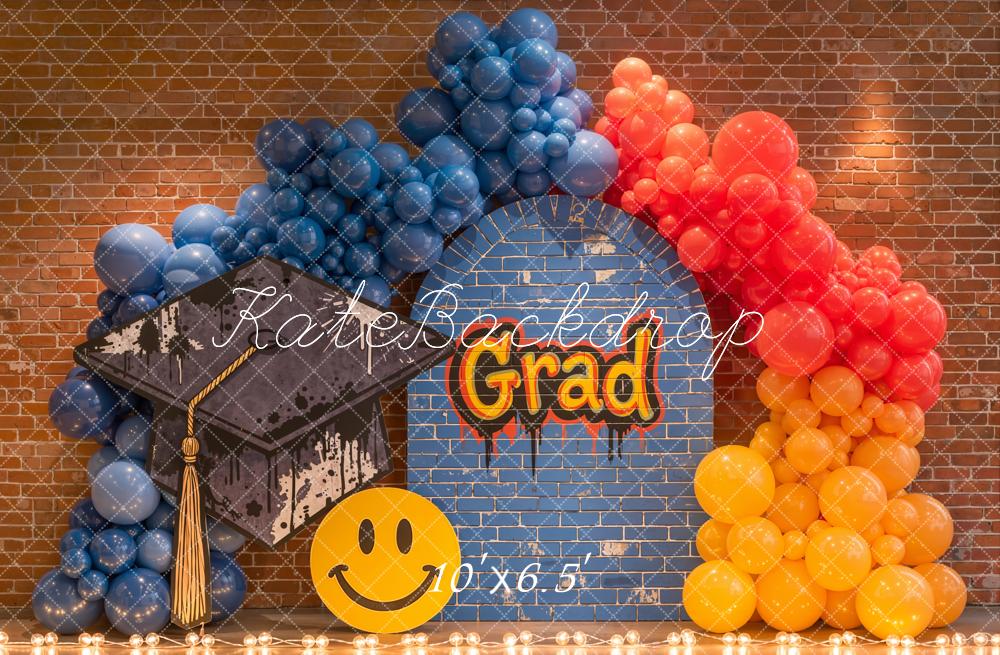 Kate Graduation Cap Blue Brick Wall Rainbow Balloons Printed Backdrop Designed by Emetselch