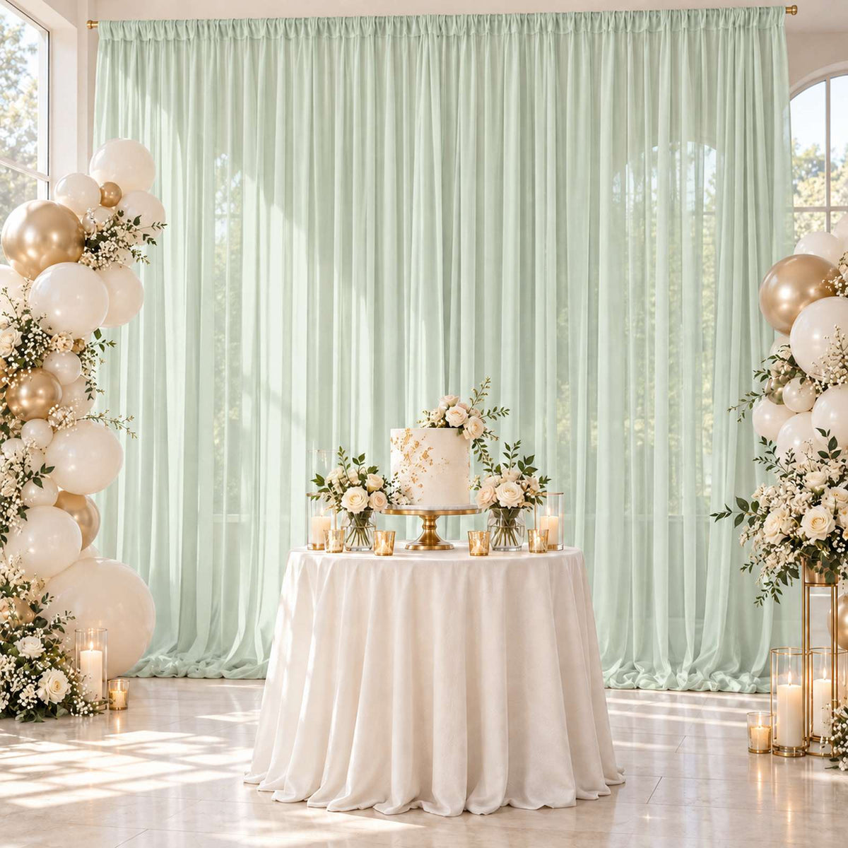 Kate Sage Green 5x15ft Ethereal Soft Veil Drapery – Semi-Sheer Flowing Fabric for Photography & Event Styling