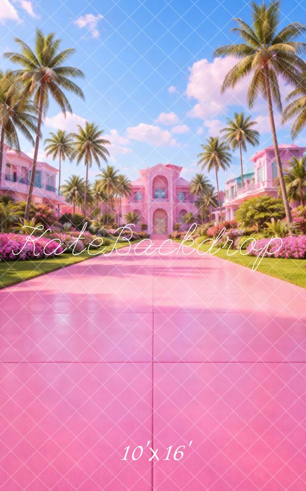 Kate Sweep Summer Pink Mansion Palm Trees Pathway Printed Backdrop Designed by Vertigo Productions