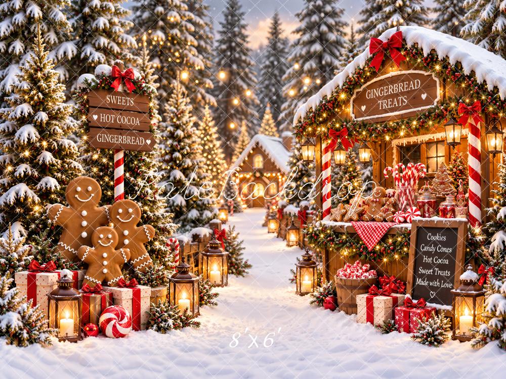 Kate Christmas Gingerbread House Village Snowy Printed Backdrop Designed by Emetselch