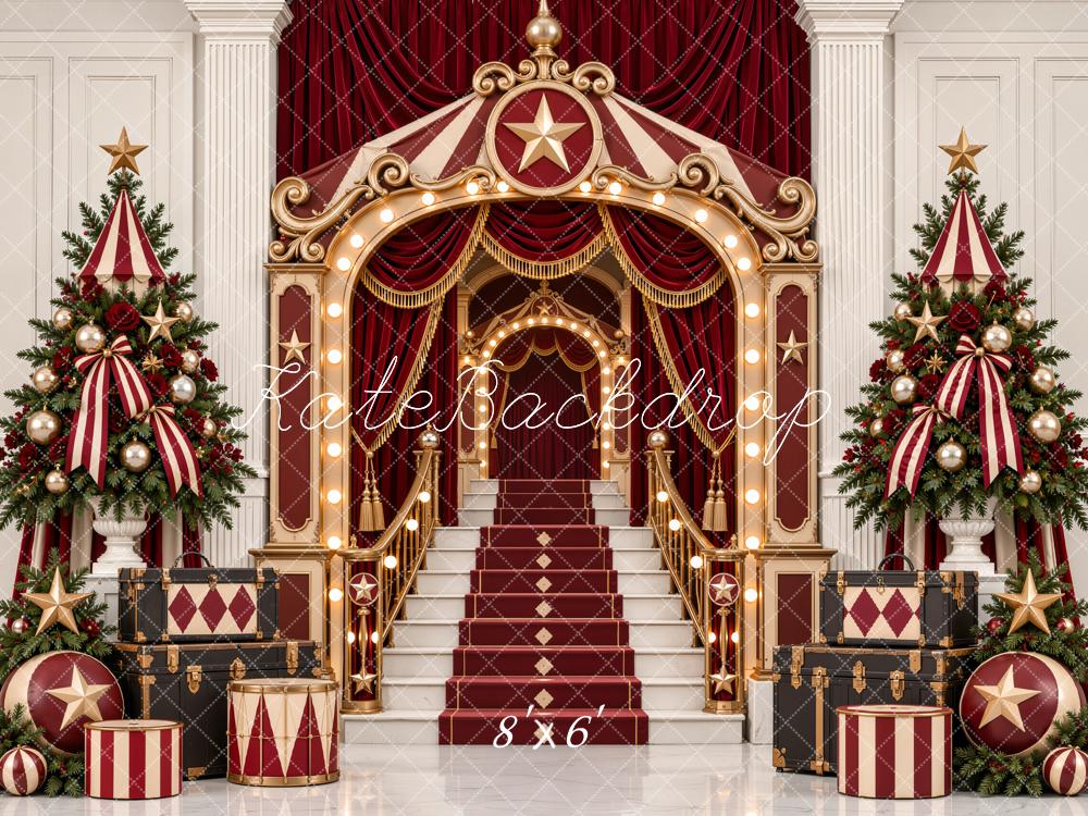 Kate Christmas Circus Staircase Theatrical Entrance Christmas Trees Printed Backdrop Designed by Emetselch