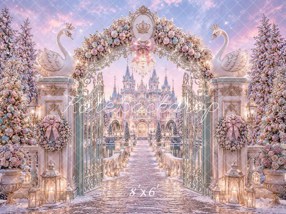 Kate Christmas Swan Princess Castle Gate Flower Arch Path Printed Backdrop Designed by Ashley Paul