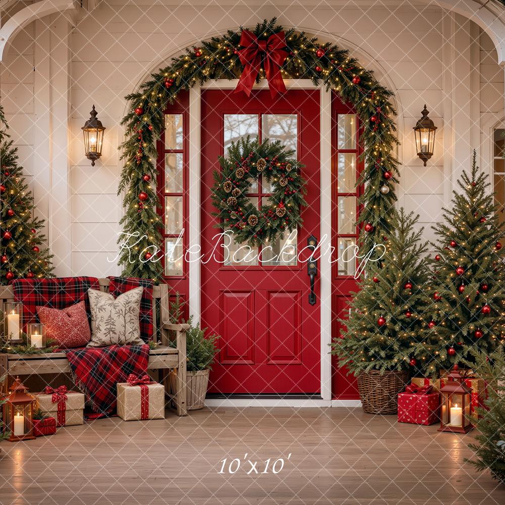 Kate Christmas Red Door Front Porch Garland Trees Gifts Printed Backdrop Designed by Shutter Swan Studios