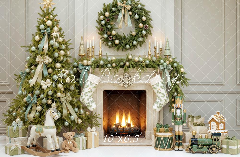 Kate Christmas Tree Fireplace Wreath Green Ribbon Printed Backdrop Designed by Mini MakeBelieve