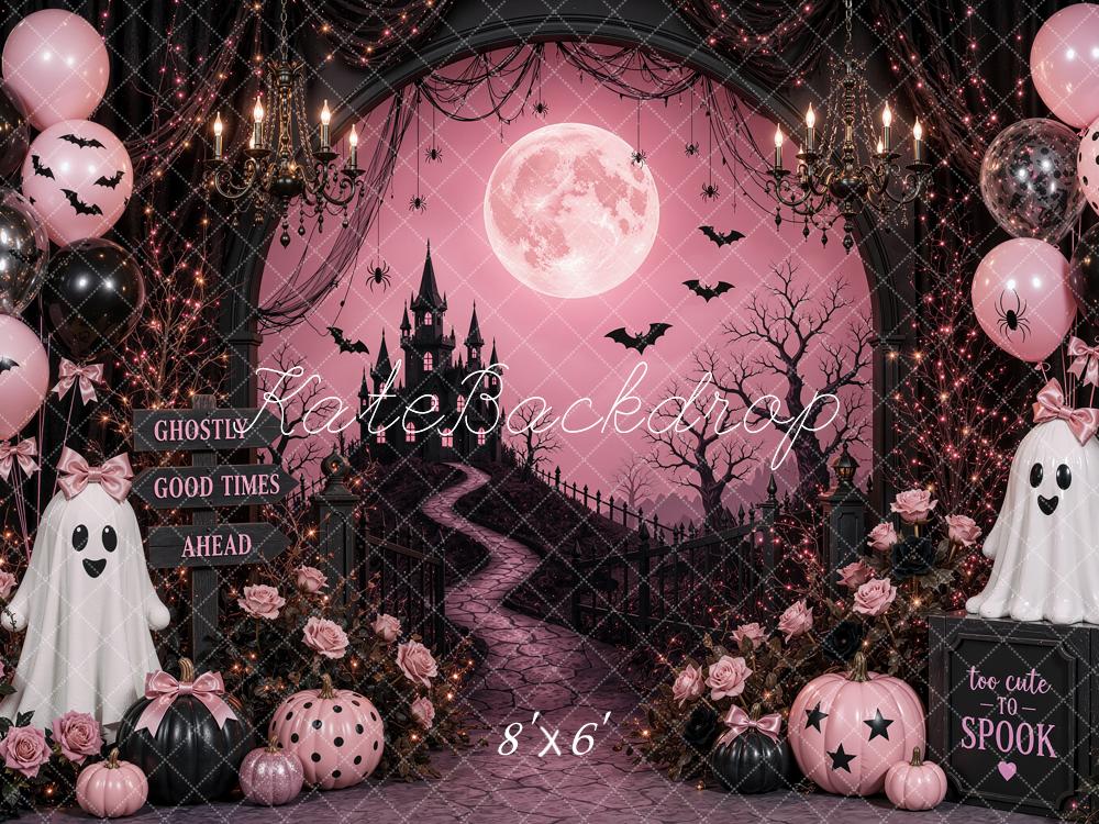 Kate Halloween Birthday Pink Gothic Castle Moon Ghosts Printed Backdrop Designed by Shutter Swan Studios