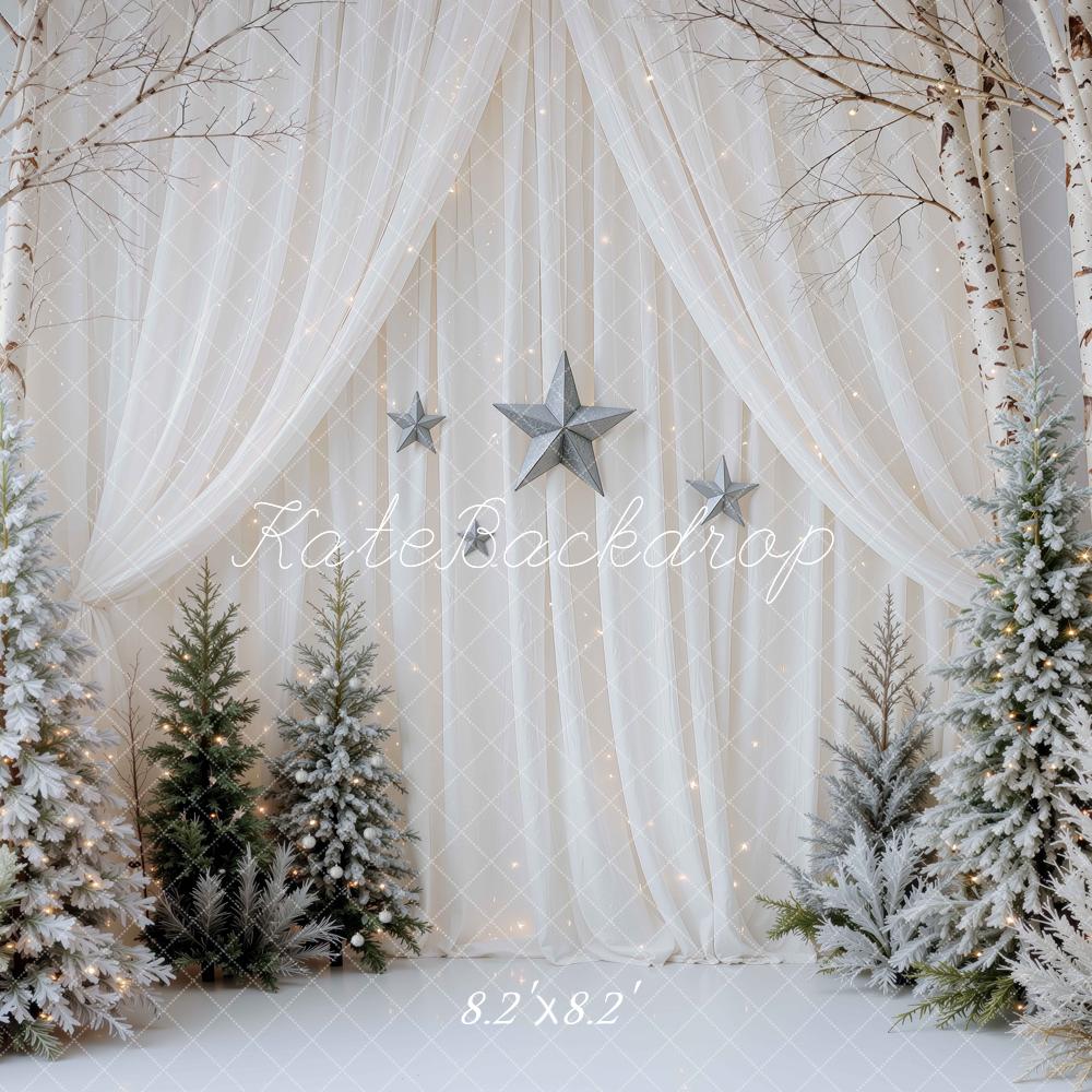Kate Christmas Simple Curtains Winter White Birch Trees Printed Backdrop Designed by Mini MakeBelieve
