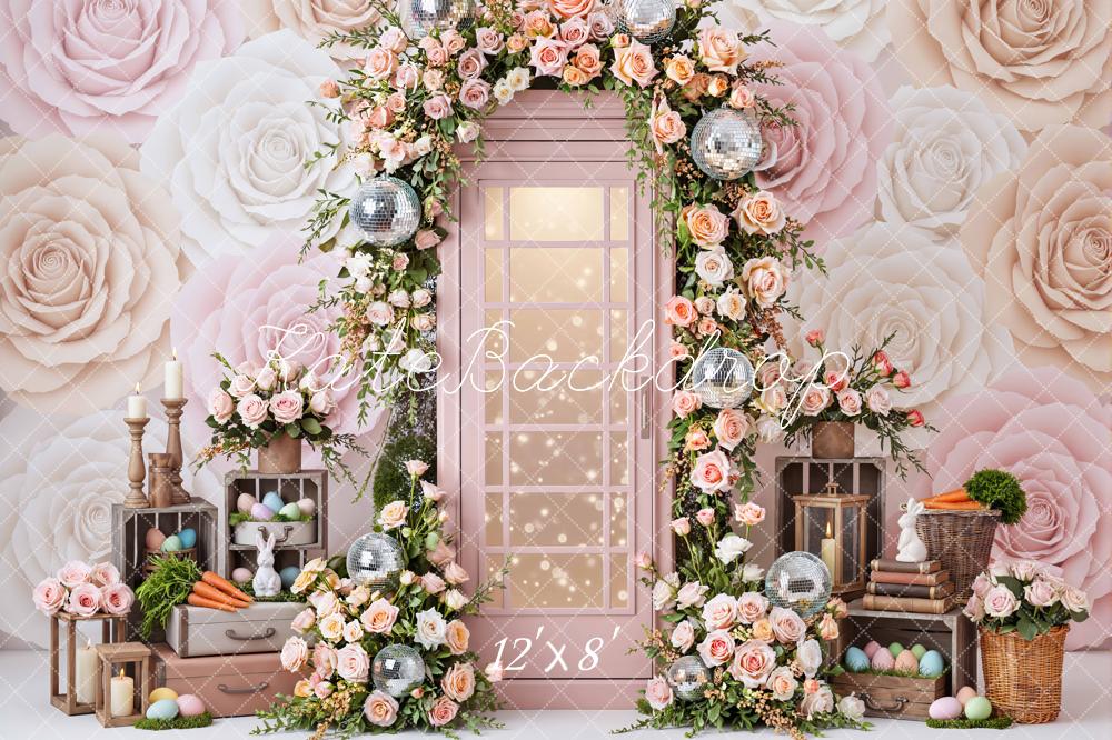 Kate Easter Bunny Flower Arch Pastel Roses Printed Backdrop Designed by Mini MakeBelieve