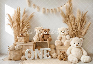 Kate Boho Teddy Bears Pampas Grass Wooden Printed Backdrop Designed by Emetselch
