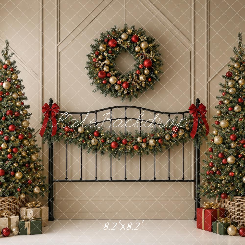Kate Christmas Headboard Trees Wreath Garland Beige Wall Printed Backdrop Designed by Shutter Swan Studios
