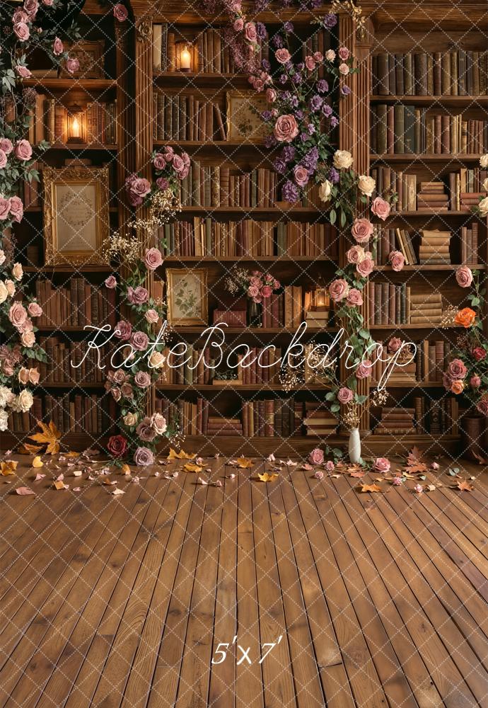 Kate School Library Bookshelf Floral Arch Wood Floor Backdrop Designed
