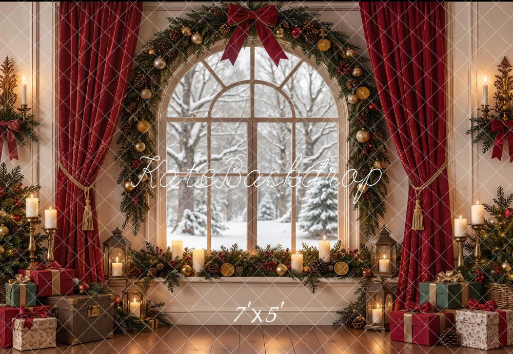 Kate Christmas Indoor Arched Window Red Curtain Garland Snowy Printed Backdrop Designed by Emetselch