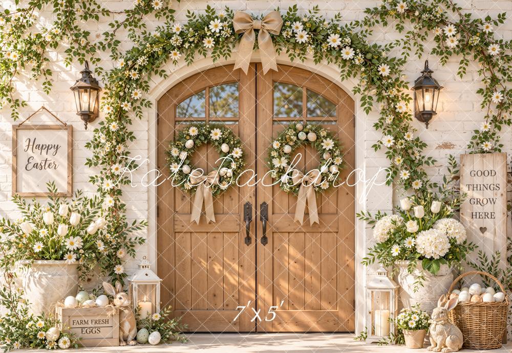 Kate Easter Wood Door Flower Arch Farmhouse Bunny Printed Backdrop Designed by Emetselch