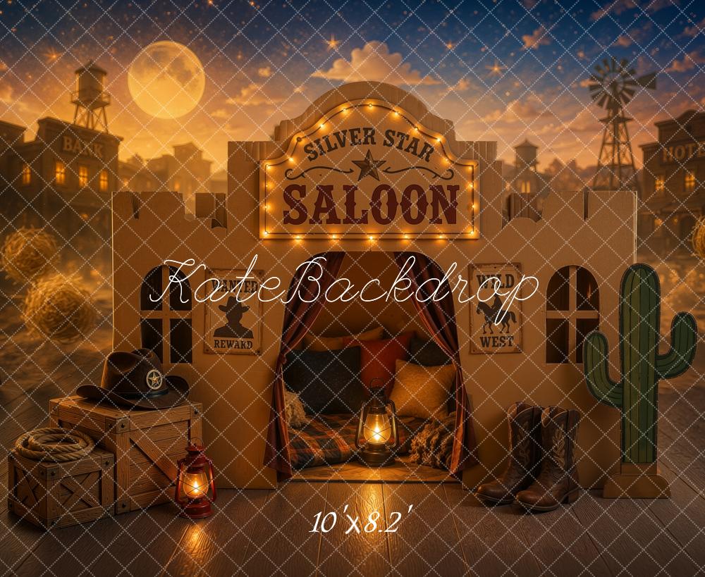 Kate Western Cowboy Dreams Of The Frontier Saloon Moon Town Printed Backdrop Designed by Ashley Ward