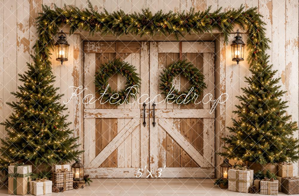 Kate Christmas Barn Doors Vintage Evergreen Trees Garland Printed Backdrop Designed by Emetselch