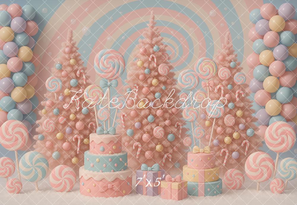 Kate Christmas Cake Smash Pastel Candy Land Trees Balloons Backdrop Designed by Ashley Paul