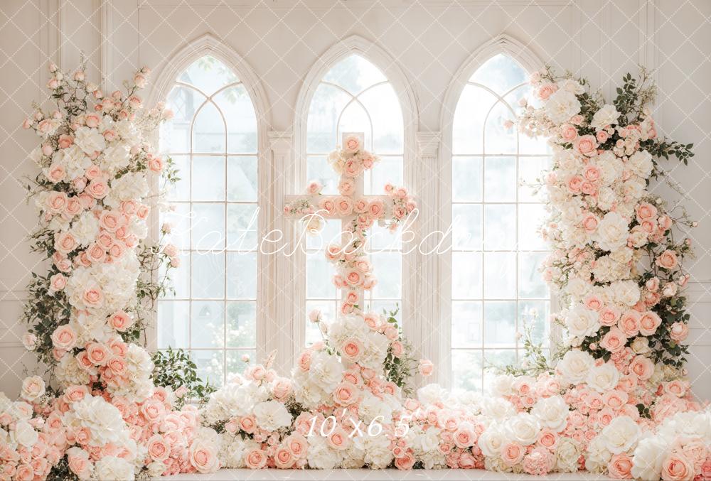 Romantische Bloemen Trouwen Cross Arched Window Foto Achtergrond Designed by Emetselch