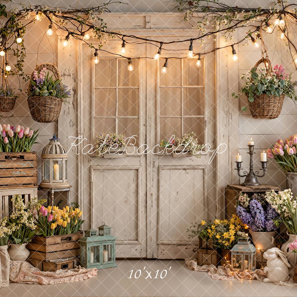 TEST Kate Spring Flower Crates Rustic Door String Lights Backdrop Designed by Emetselch