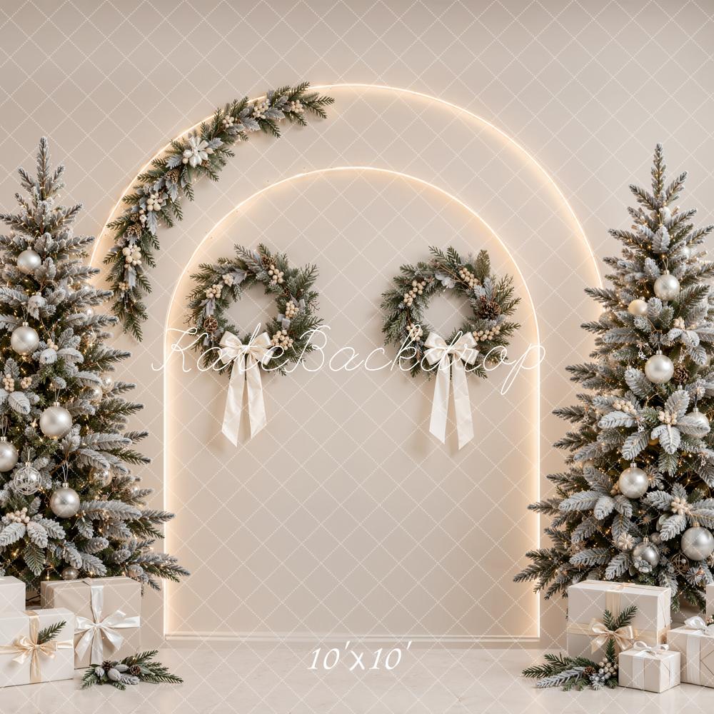 Kate Christmas Beige Tree Arch Wreaths Gifts Printed Backdrop Designed by Emetselch
