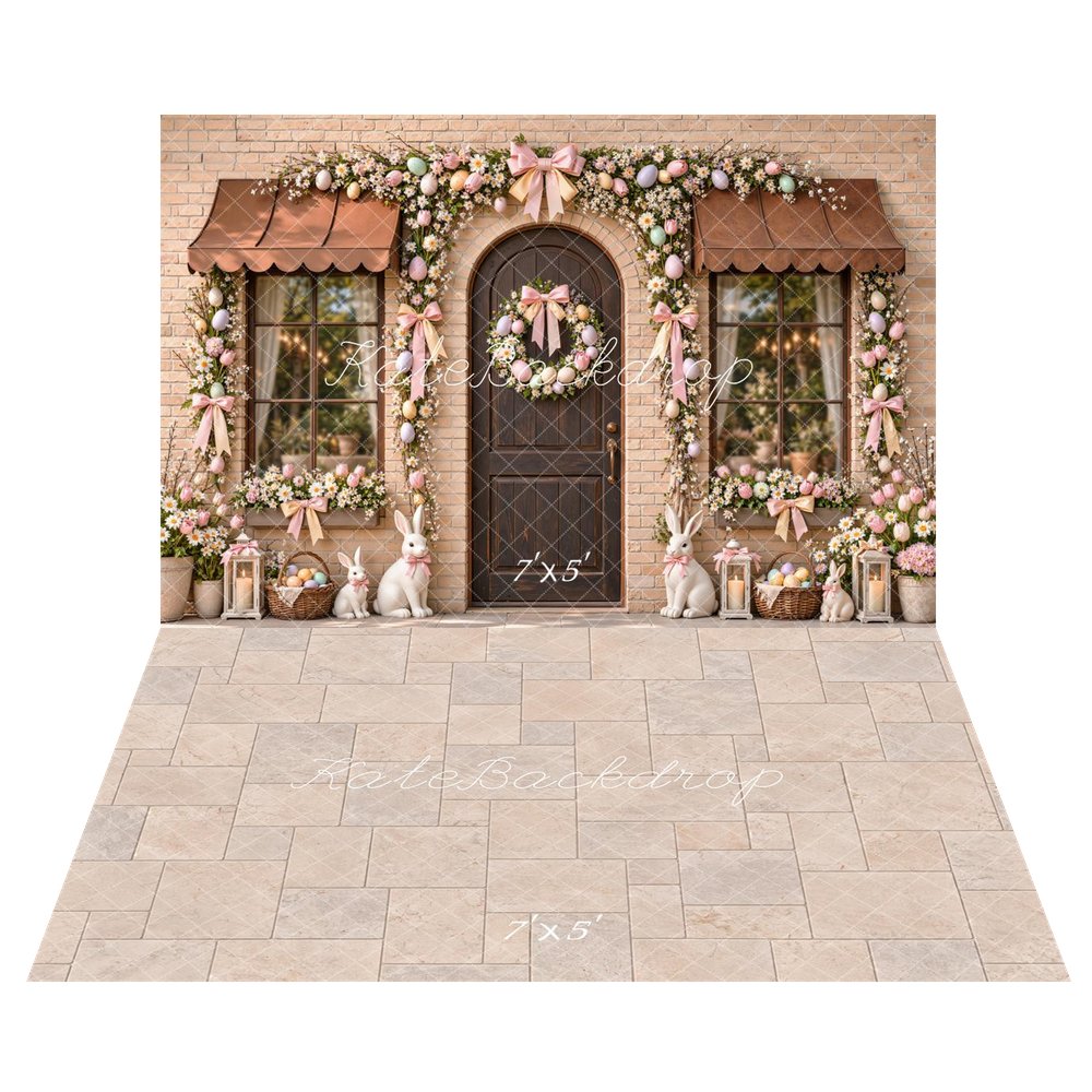 Kate Easter Eggs Arch Floral Brick Doorway Bunny Printed Backdrop+Beige Marble Tile Floor Printed Backdrop