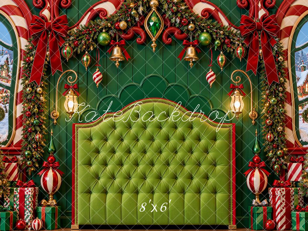 Kate Christmas Headboard Whimsical Green Candy Cane Window Garland Printed Backdrop Designed by Shutter Swan Studios