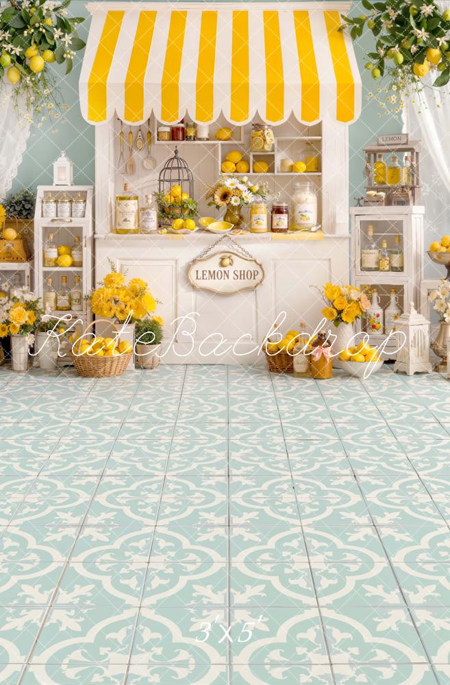 Kate Summer Lemon Shop Yellow Striped Awning Floral Floor Printed Backdrop Printed Backdrop Designed by Emetselch
