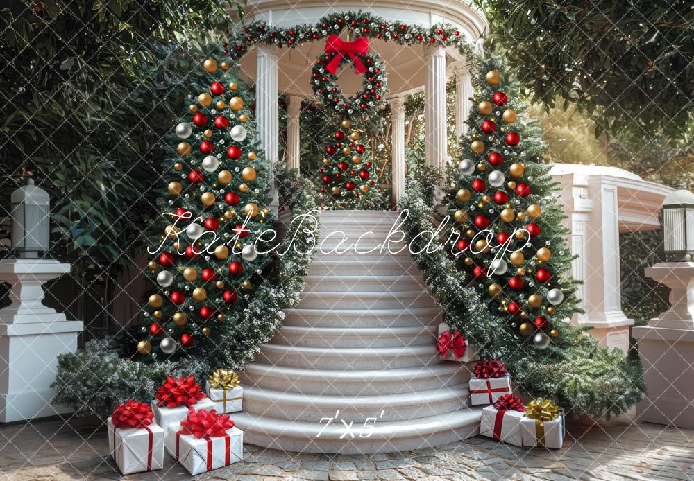 Kate Christmas Cascading Stairs Gazebo Ornaments Trees Backdrop Designed by Mini MakeBelieve