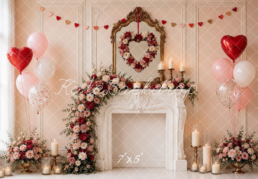 Kate Valentine's Day Pink Floral Fireplace Heart Balloons Printed Backdrop Designed by Shutter Swan Studios