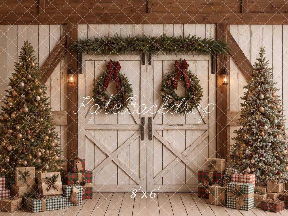 Kate Christmas Barn Doors Trees Wreaths Presents Printed Backdrop Designed by Emetselch