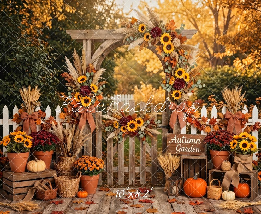 Kate Fall Rustic Flower Arch Sunflowers Pumpkins White Fence Printed Backdrop Designed by Patty Roberts