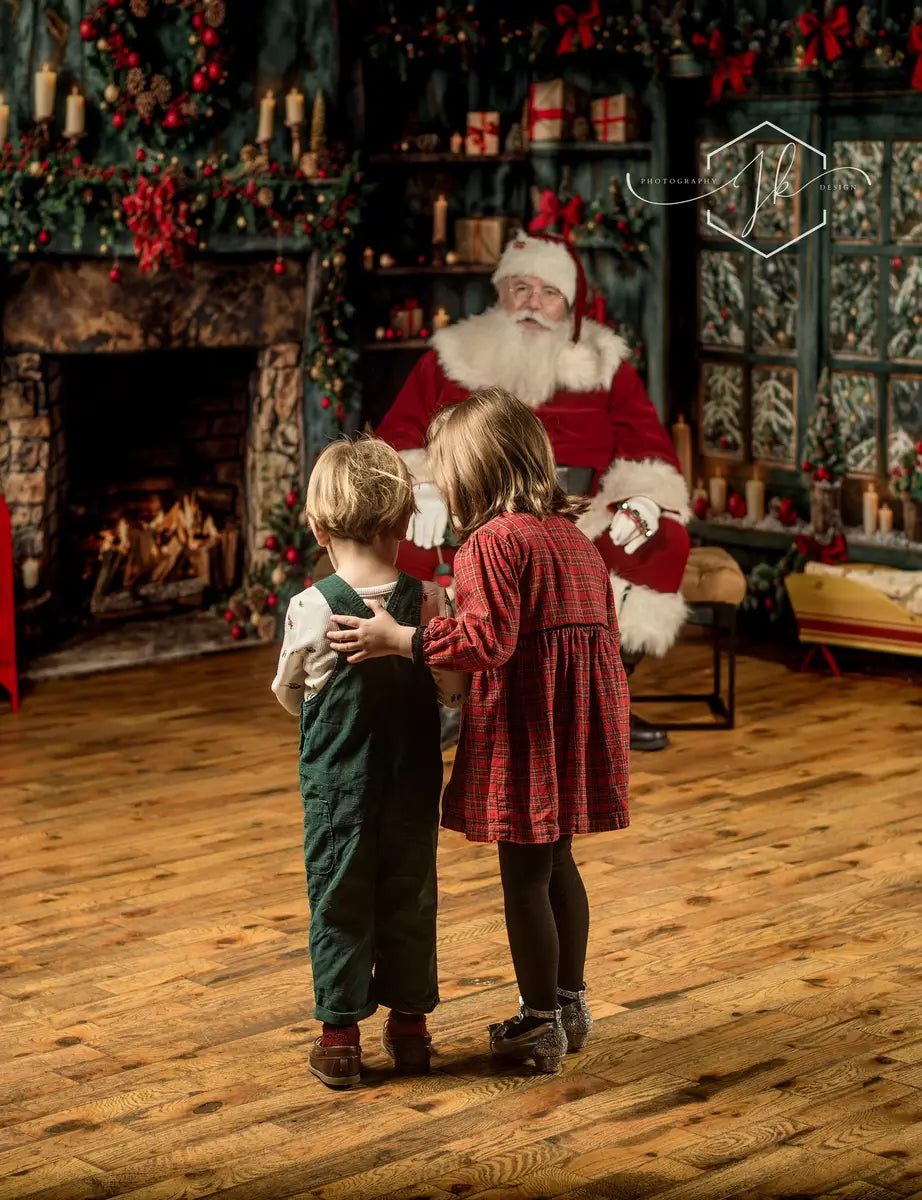 Kate Christmas Green Retro Wood Wall Window Backdrop Designed by Emetselch