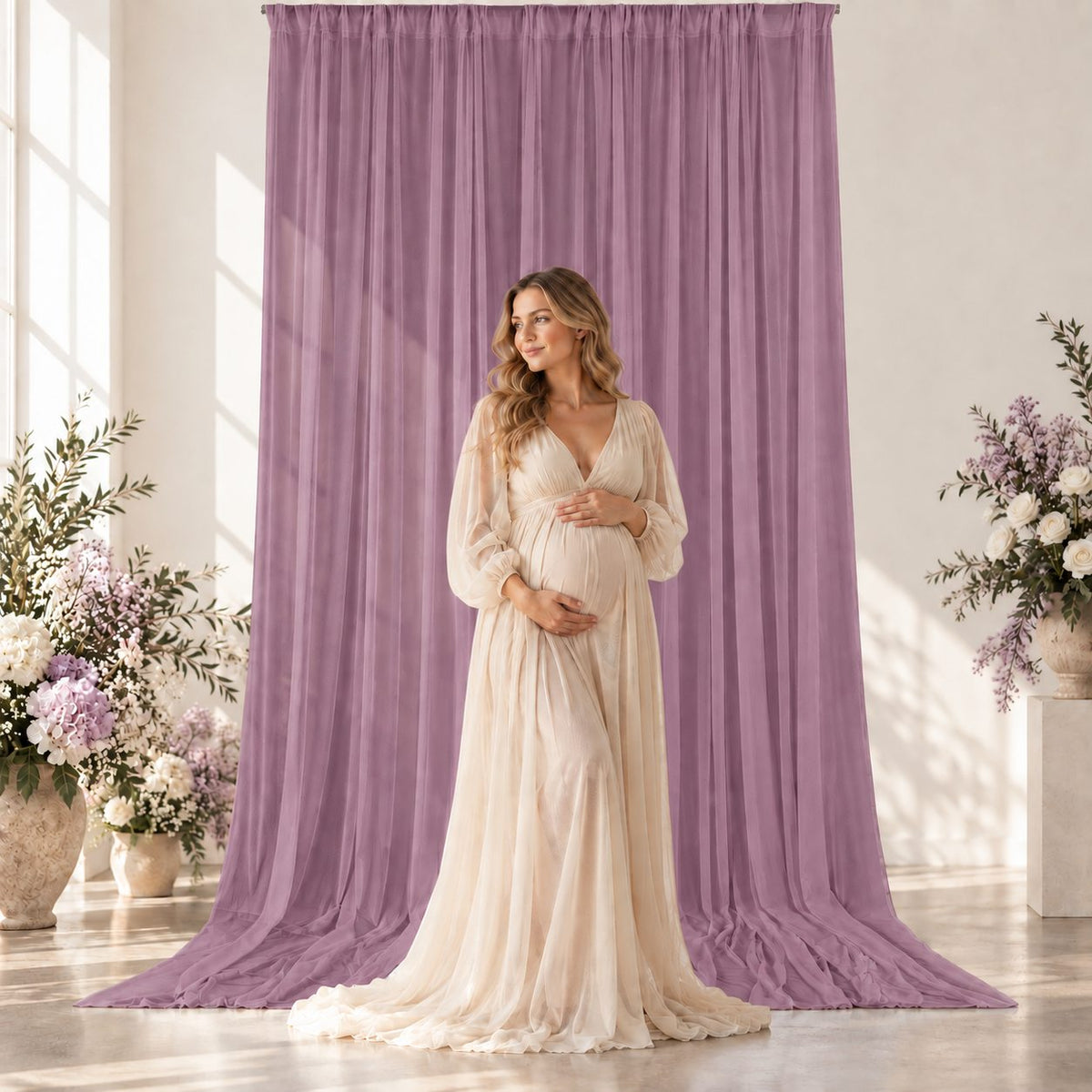 Kate Purple 5x15ft Ethereal Soft Veil Drapery – Semi-Sheer Flowing Fabric for Photography & Event Styling