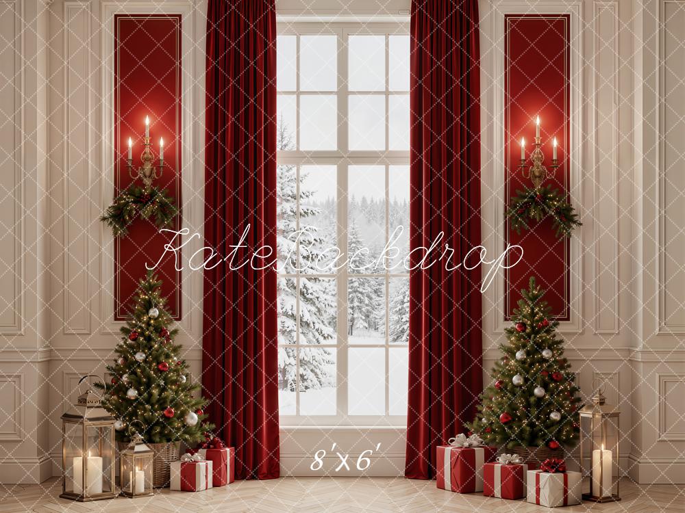 Kate Christmas Trees Red Curtains Snowy Window Printed Backdrop Designed by Emetselch