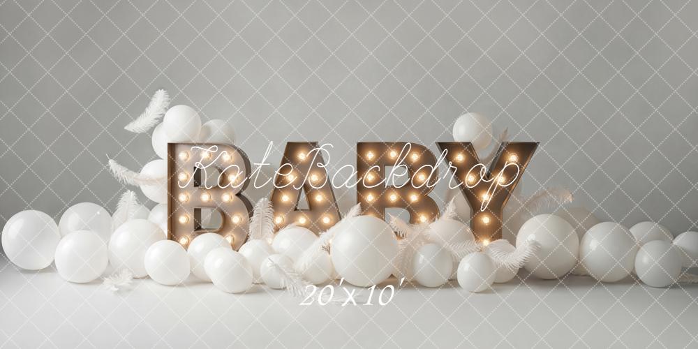 Kate Birthday Baby Marquee Letters White Balloons Feathers Backdrop Designed by Emetselch