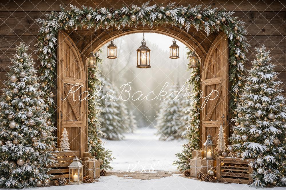 Kate Christmas Rustic Barn Door Snowy Pine Trees Printed Backdrop Designed by Emetselch