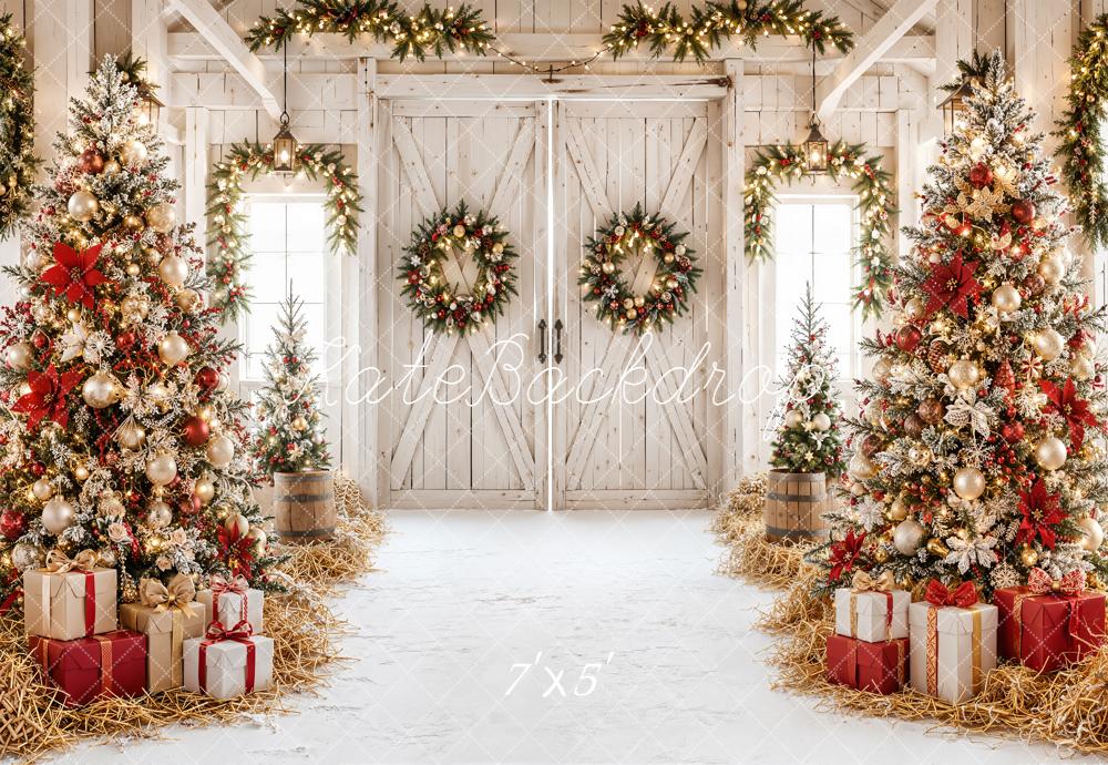 Kate Christmas Rustic Barn Trees Wreaths Gifts Snow Printed Backdrop Designed by Emetselch