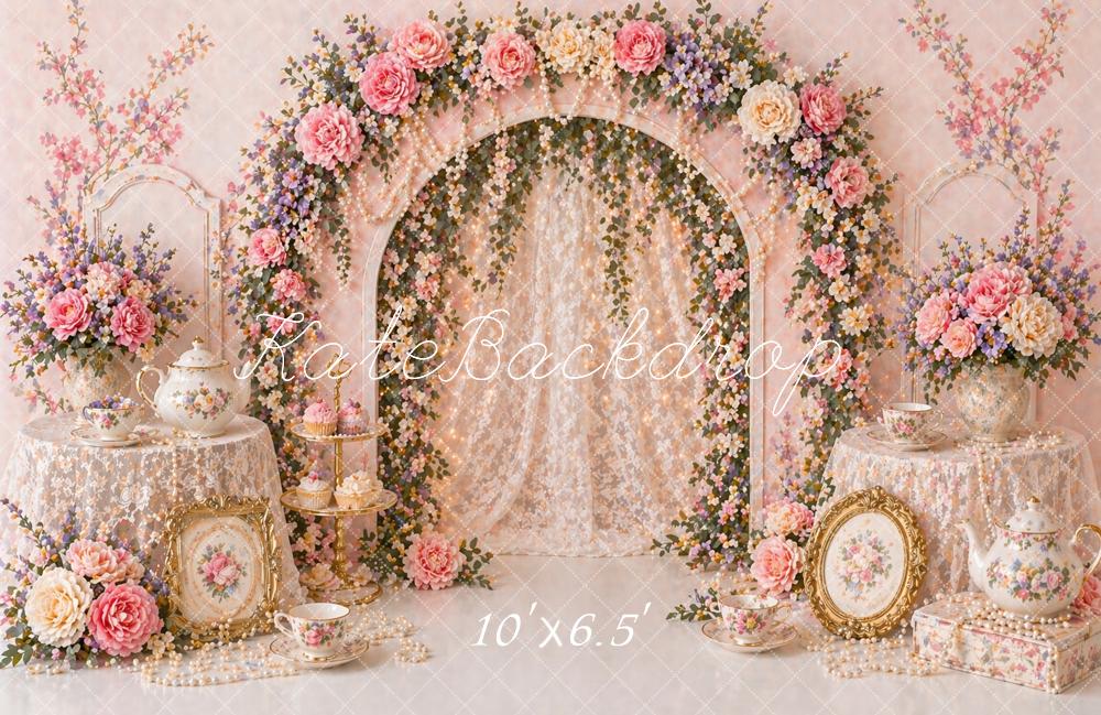 Kate Flower Arch Pink Floral Tea Set Printed Backdrop Designed by Caitlin Lynch