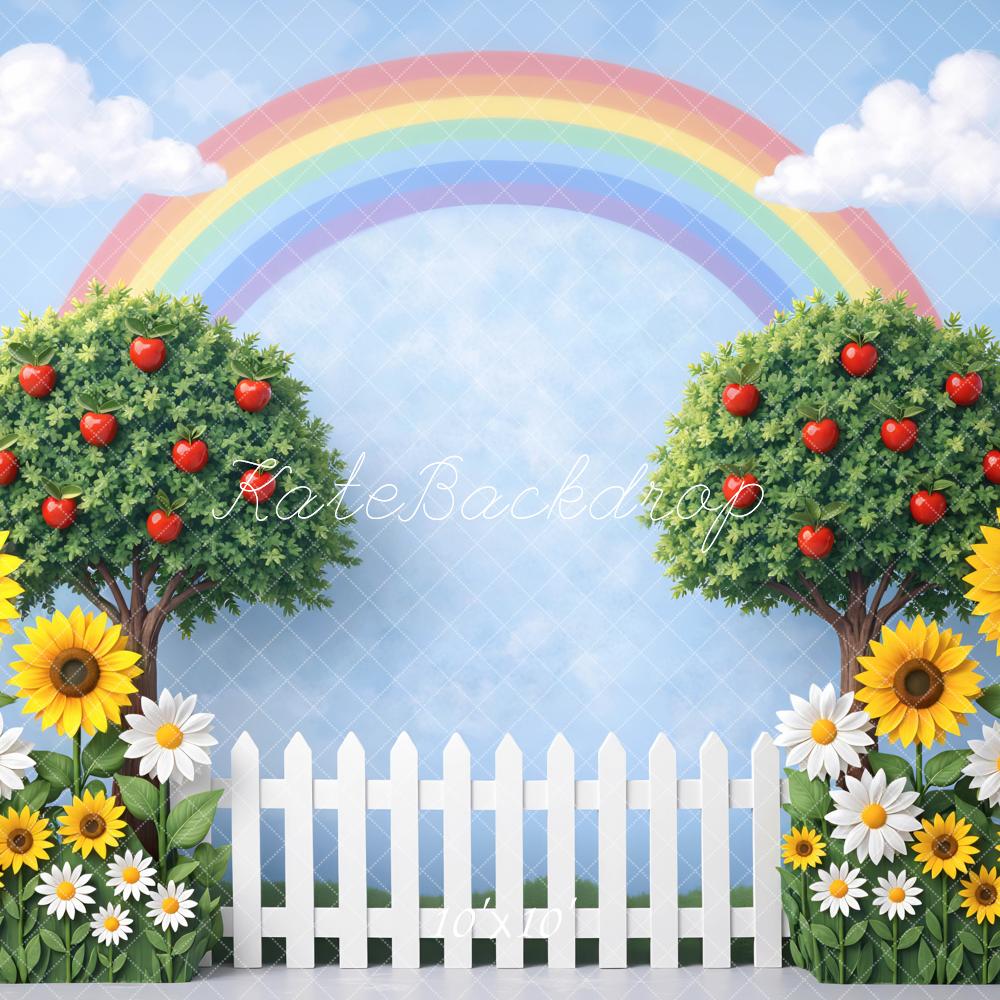 Kate Rainbow Apple Trees Sunflowers White Fence Printed Backdrop Designed by Mini MakeBelieve